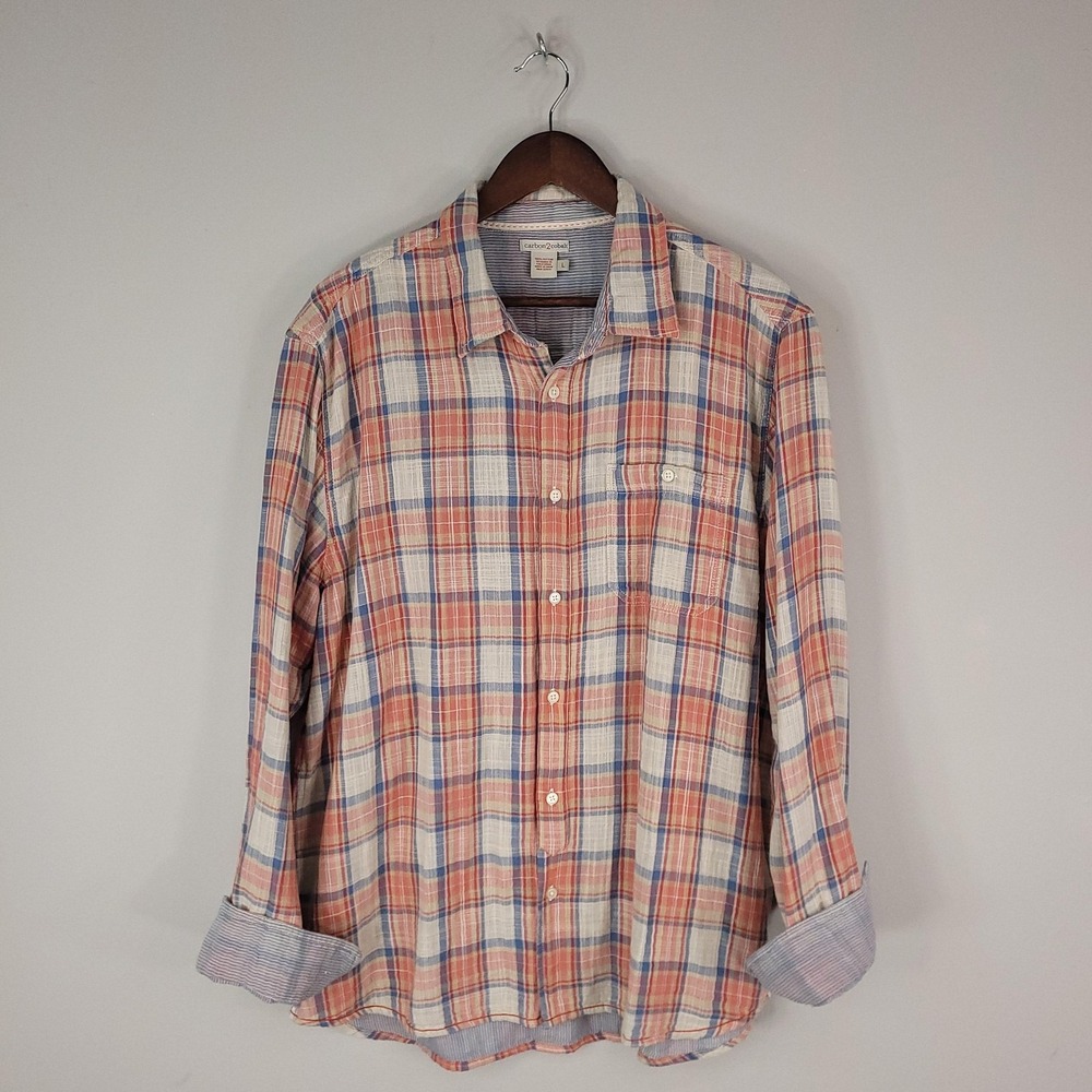 Carbon2Cobalt Shirt Men Large Orange Blue Plaid Cotton Double Cloth Long Sleeve